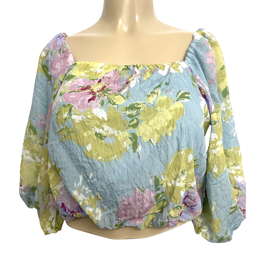 Calypso St Barth Cropped Top Blouse Square Neck Balloon 3/4 Sleeve Floral S